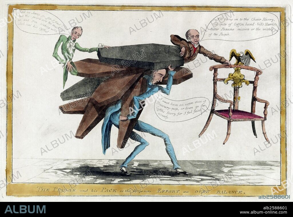 The pedlar and his pack or The desperate effort, an over balance' A satire on the reverse impact of John Binns's anti-Jackson "coffin handbill" campaign during the presidential race of 1828. Editor-publisher Binns supports on his back a large load of coffins, upon which are figures of Henry Clay (left) and incumbent President John Quincy Adams (right). Binns: "I must have an extra dose of Treasury-pap, or down go the Coffins Harry, for I feel faint already." Clay: "Hold on Jonny Q for I find that the people are too much for us, and I'm sinking with Jack and his Coffins!".