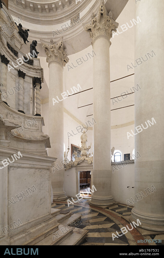 Church of the Redentore, Venice, by Andrea di Pietro della Gondola known as Palladio, 1576 post, 16th Century,. Italy, Veneto, Venice, The Redentore Church. Detail. Interior Church of the Redentore columns apse presbytery, 2009 photograph.