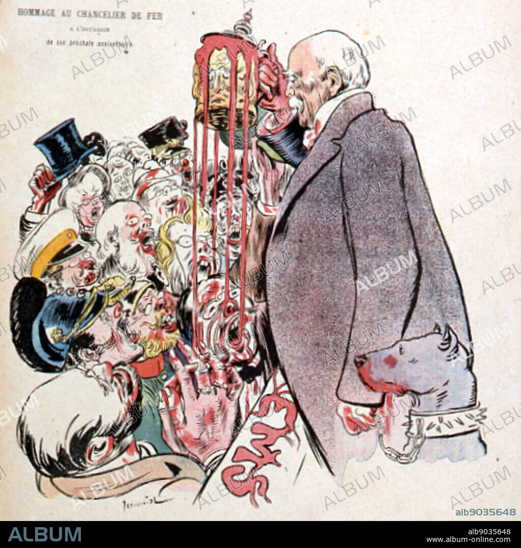 Cartoon from 'Le Rire', Paris, 19 March 1898 dedicated to Otto von Bismarck (1815-1898) German statesman, known as the Iron Chancellor, on his forthcoming birthday on 1 April. Bismarck died on 30 July 1898.