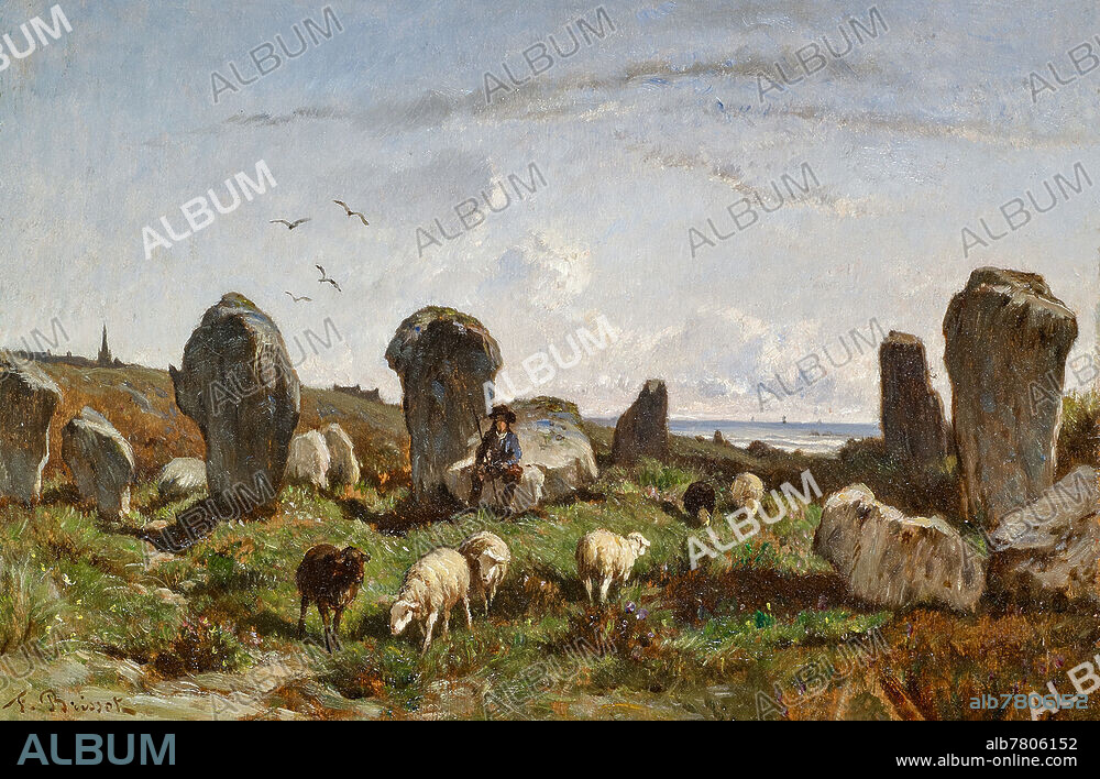 BRISSOT DE WARVILLE, FÉLIX-SATURNIN<br />1818 Véron - 1892 Versailles<br /><br />Two paintings. a) Pêcheurs bretons. Oil on wood. 17,5 x 25,5cm. Signed bottom right: F. Brissot. Framed. <br />b) Mégalithes en Bretagne. Oil on wood. 17,5 x 25,5cm. Signed bottom left: F. Brissot. Framed. <br /><br />Verso: <br />a) On wood handwritten label: lle ... pres Lacomariaquer (Morbihan) <br />b) On wood handwritten label: Carnac (Morbihan)<br />. Art trade, Van Ham.