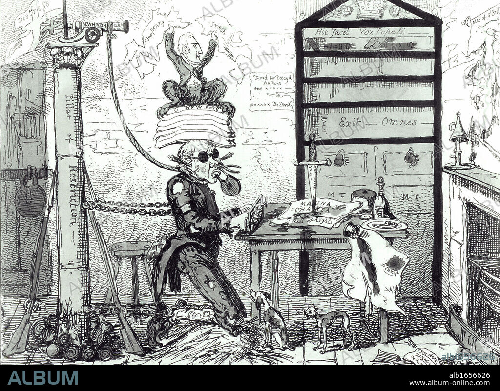 Poor John Bull - The Free Born Englishman - Deprived of his Seven Senses By the Six New Acts? Castlereagh, the Prime Minister sits on top of the six acts pressing on John Bull's head. The six acts of 1819 were: Training and Prevention Act: Seizure of Arms Act: Misdemeanors Act: Seditious Meetings Prevention Act: Criminal Libel Act: Newspaper and Stamp Duties Act.