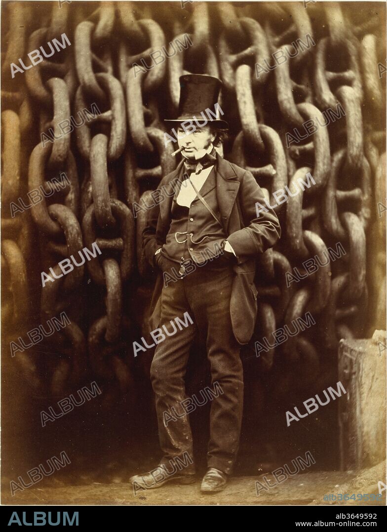 [Isambard Kingdom Brunel Standing Before the Launching Chains of the Great Eastern]. Artist: Robert Howlett (British, 1831-1858). Dimensions: Image: 27.9 x 21.5 cm (11 x 8 7/16 in.)
Mount: 36.4 x 26.6 cm (14 5/16 x 10 1/2 in.). Date: 1857, printed 1863-64.
Four years in the making, 692 feet in length and weighing 22,500 tons, the Great Eastern was six times the tonnage of any ship yet built and was to be propelled by all the technology then available-screw, paddle, and sail. Because of its size, it had to be moved sideways, foot by foot, and it would take an unprecedented three months to launch. Its success was seen as a matter of national pride, a confirmation of Britain's supremacy at sea.
Robert Howlett, a partner at the Photographic Institution, a leading professional studio in London, was commissioned by the Illustrated London Times to document the ship's construction. Howlett photographed the ship's designer, Isambard Kingdom Brunel (1806-1859), at the time of the launching. More than anyone else of his generation, Brunel had been responsible for the transformation wrought upon Britain by the Industrial Revolution, building railways, terminals, tunnels, dry docks, piers, and bridges. Two steamships of his design were the largest ships afloat. The Great Eastern, which incorporated many novel solutions to shipbuilding, was intended to be his crowning achievement. It proved, however, to be unsuccessful as a passenger ship and, after several runs on the Atlantic line, was used to lay telegraphic cables.
The photographer posed the engineer in front of the giant chains that were wound around the huge checking drums to serve as restraints in the launching. A man of modest stature and strength but of great nervous energy, Brunel was seldom seen in public without a cigar and the cigar box he carried on a strap over his shoulder. The pose and expression convey self-assurance and determination, and the mud-spattered trousers and boots show a man of action involved in all the aspects of the job. A memorable depiction of the engineer as hero, this portrait, which bears Brunel's facsimile signature, was published as a memento in 1863-64, after the deaths of photographer and subject.