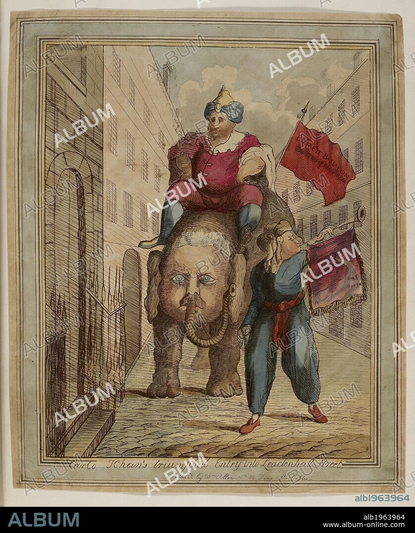 JAMES SAYERS. Carlo Khan's triumphal entry into Leadenhall street. 1783. This engraving appeared in December 1783, just after the Foreign Secretary Charles James Fox had published his India Bill. Fox is dressed in oriental costume and holds a flag inscribed 'King of Kings' in Greek. He rides an elephant on which Lord North's face is superimposed, representing the alliance of the two secretaries of state. Edmund Burke, the statesman and actual author of the 1783 India Bill, blows a bugle, proudly announcing their arrival at the East India Company's headquarters in Leadenhall Street. Only the raven, sitting on a distant chimney top, hints at impending disaster.  Published : 1783. . Source: P3316.