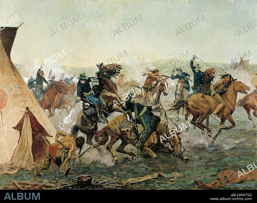 Attack of the Seventh Cavalry commanded by General Custer at the Cheyenne camp on the Washita River at dawn, November 27, 1868, painting by Charles Schreyvogel (1861-1912). Native American Wars, United States, 19th century.