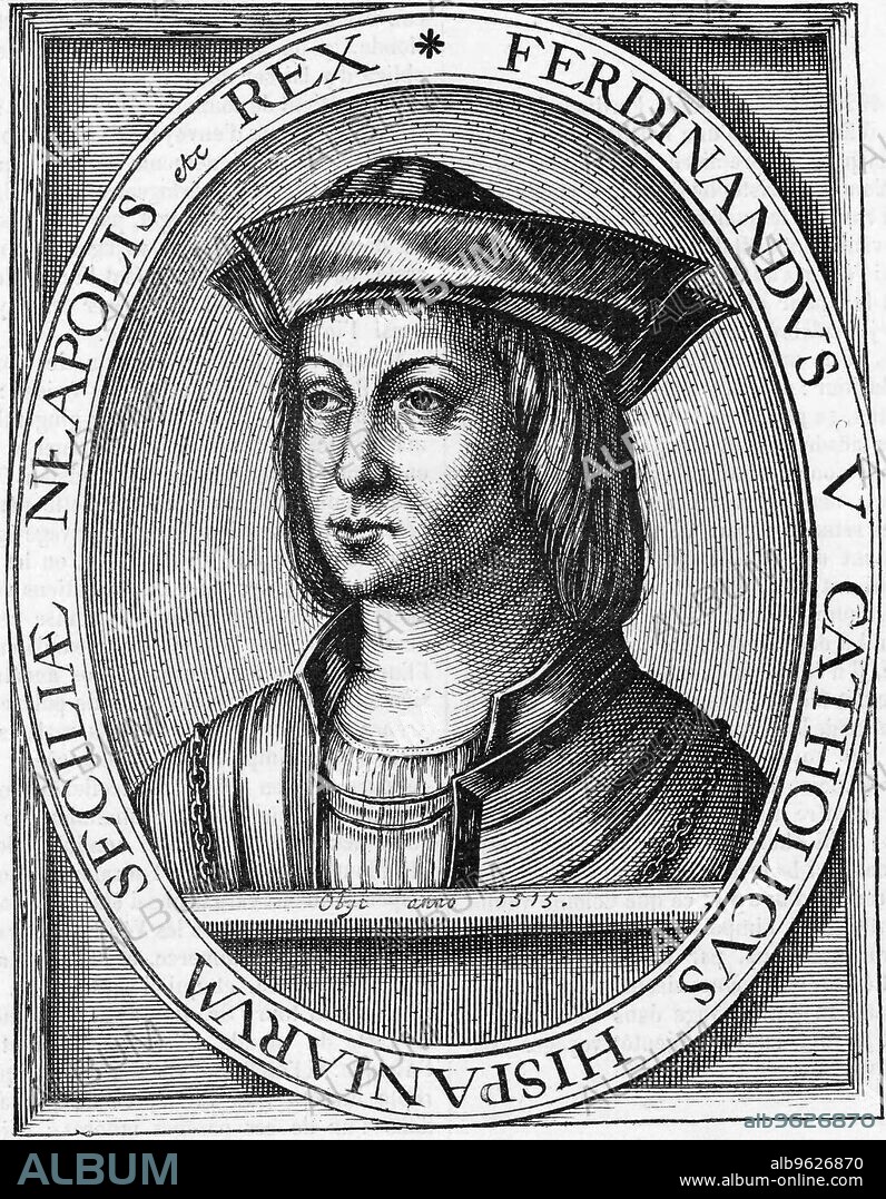 Ferdinand II of Aragon, King of Spain. Ferdinand (1452-1516) married Isabella of Castille in 1469, uniting the kingdom of Spain. Ferdinand and Isabella were patrons of Columbus, financing his voyages of discovery. Their daughter, Catherine of Aragon, was Henry VIII's first wife.