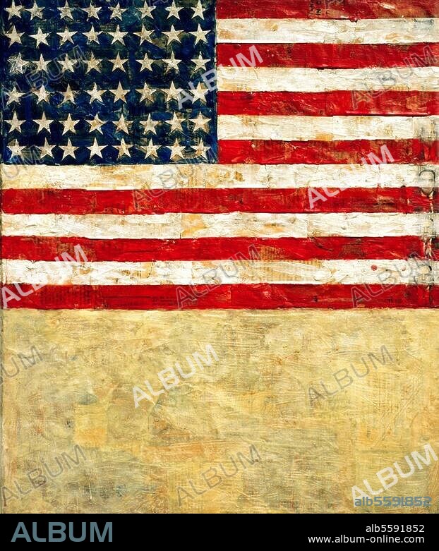 JASPER JOHNS. Johns, Jasper geb. 1930. "Flag above white with collage" (Flagge über Weiß mit Collage), 1955. Enkaustik und Collage auf Leinwand, 57,2 × 48,9 cm. Schenkung des Künstlers in Erinnerung an Christian Geelhaar, Basel, Öffentliche Kunstsammlung.