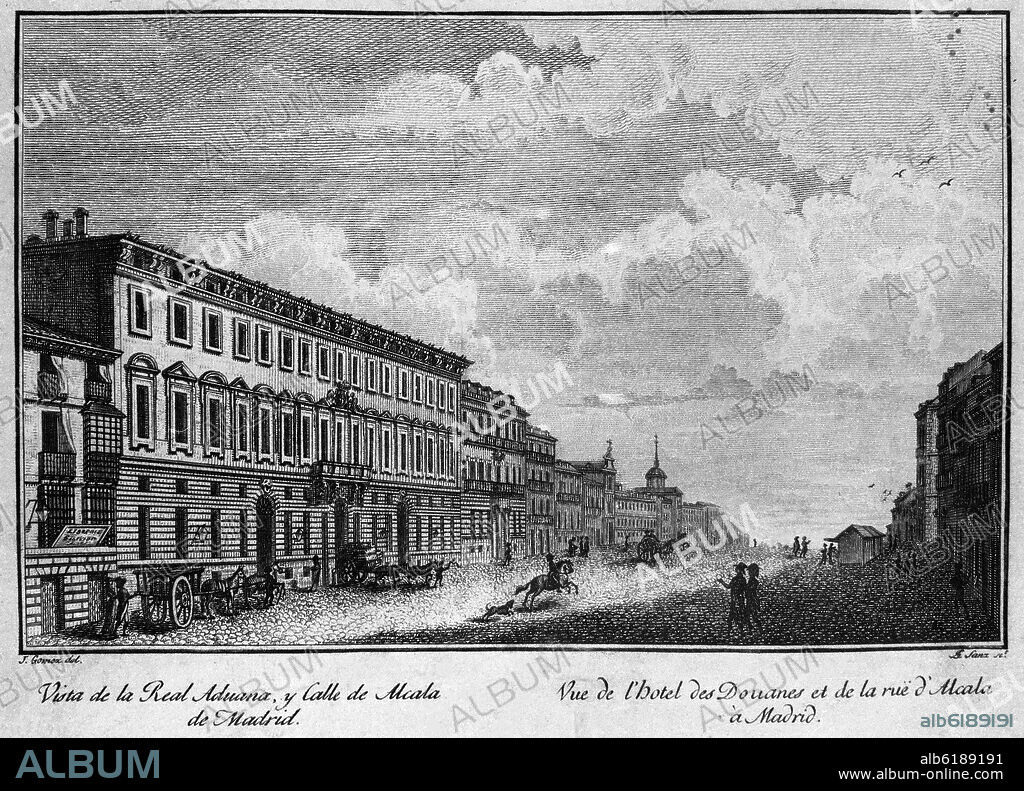 JOSE GOMEZ DE NAVIA (1757-1815) GRABADOR. VISTA DE LA REAL ADUANA Y CALLE DE ALCALA DE MADRID - GRABADO SIGLO XIX.