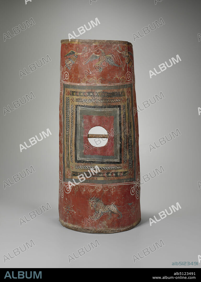 Scutum (Shield), mid-3rd century A.D., Painted wood and rawhide, 105.5 × 41 × 30 cm (41 9/16 × 16 1/8 × 11 13/16 in.), Yale-French Excavations at Dura-Europos, This is the only known surviving example of the semicylindrical shield known as a scutum, used by Roman legionaries and known from literary sources. Found flattened, in thirteen pieces, and missing its umbo (central boss), the shield was reconstructed by the Yale-French excavation team. The painted decoration reflects Roman iconography of victory, including an eagle with a laurel wreath, winged Victories, and a lion. , Excavated in Dura-Europos, Syria, Syrian, Dura-Europos, Roman, Arms and Armor.