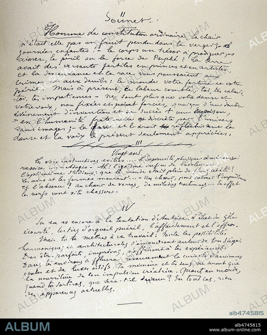 'Sonnet'. Manuscrit du poeme de RIMBAUD (1854-1891) compose vers 1872, qui sera publie dans le recueil 'Illuminations'. Credit : Jean Vigne/KHARBINE-TAPABOR.