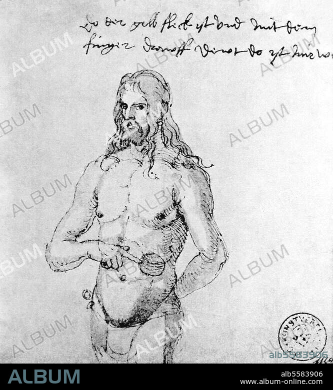 ALBRECHT DUERER. Dürer, Albrecht; painter & graphic artist Nuremberg 21/5/1471 - ibid. 6/4/1528. Self-portrait "Der kranke Dürer". (The Sick Dürer). Pen-and-ink and wash, 127 × 117mm. Hand-written inscription: "Do der gelb fleck ist und mit dem finger drawff dewt do ist mir we". Bremen, Kunsthalle.