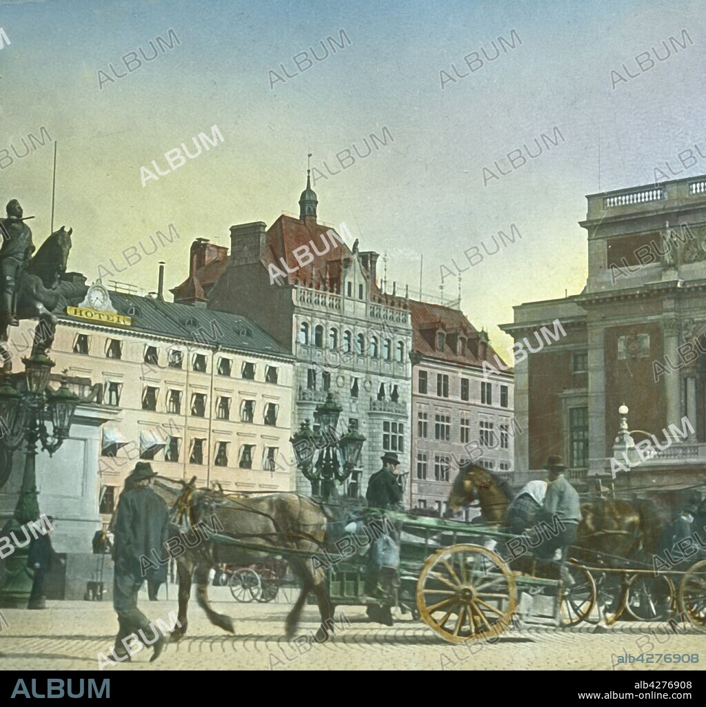 FRADELLE & YOUNG. Gustav Adolf's Square, Stockholm, Sweden, late 19th-early 20th century. Carriages in Gustav Adolfs torg (Gustav Adolf's Square), with the equestrian statue of Gustav II on the left, and the Kungliga Opera House on the right. Glass lantern slide.