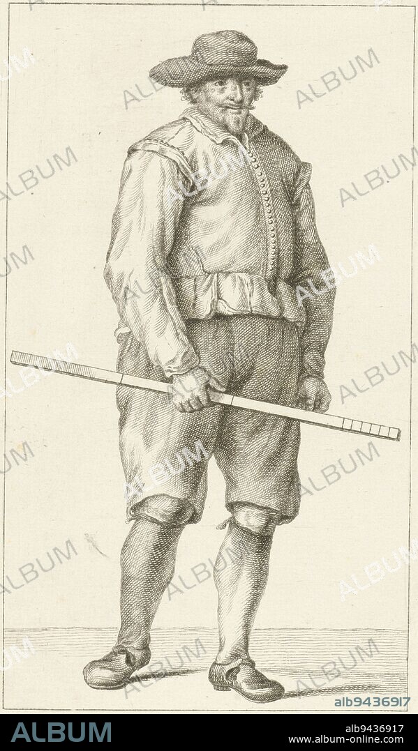 Hugo de Groot in mason's clothing, Pieter de Mare, after Abraham Delfos, 1791 - 1793, Hugo de Groot standing in the mason's clothing in which he fled from Gorinchem to Waalwijk and Antwerp, 22 March 1621., print maker: Pieter de Mare, intermediary draughtsman: Abraham Delfos, Leiden, 1791 - 1793, paper, etching, engraving, h 199 mm × w 131 mm.