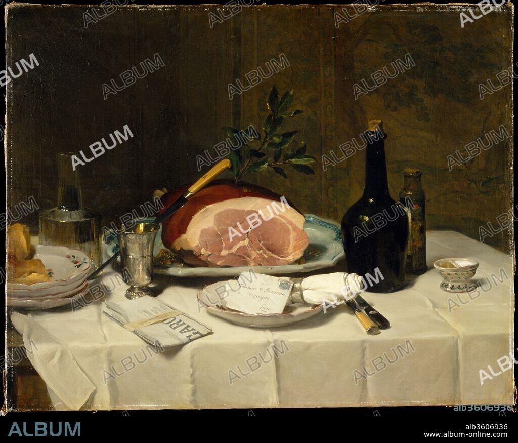 Still Life with Ham. Artist: Philippe Rousseau (French, Paris 1816-1887 Acquigny). Dimensions: 28 3/4 x 36 1/4 in. (73 x 92.1 cm). Date: 1870s.

This composition combines Rousseau's admiration for eighteenth-century still life painting with an emphasis on contemporary, everyday details, such as the copy of the newspaper <i>Le Figaro</i> at left and the letter at center, addressed to the artist at his home in Acquigny in northern France. The succulent ham is garnished with a sprig of bay leaves. Still lifes such as this brought Rousseau great success in fashionable circles; the present picture may have been exhibited at the Salon of 1877 as <i>Le Déjeuner</i> (The Lunch).