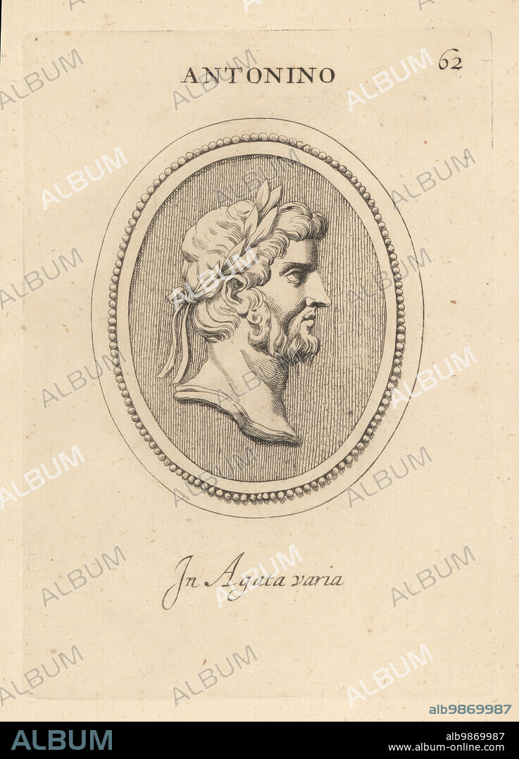Bust of Antoninus Pius or Titus Aelius Hadrianus Antoninus Pius, 86 - 161, Roman emperor from 138 to 161. Wearing laurel wreath. In variegated agate. Antonino. In agata varia. Copperplate engraving by Giovanni Battista Galestruzzi after Leonardo Agostini from Gemmae et Sculpturae Antiquae Depicti ab Leonardo Augustino Senesi, Abraham Blooteling, Amsterdam, 1685.
