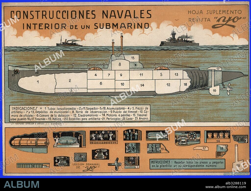 Recortable infantil. Construcción de barcos. Interior de un submarino. Revista Yo. Barcelona, año 1935.