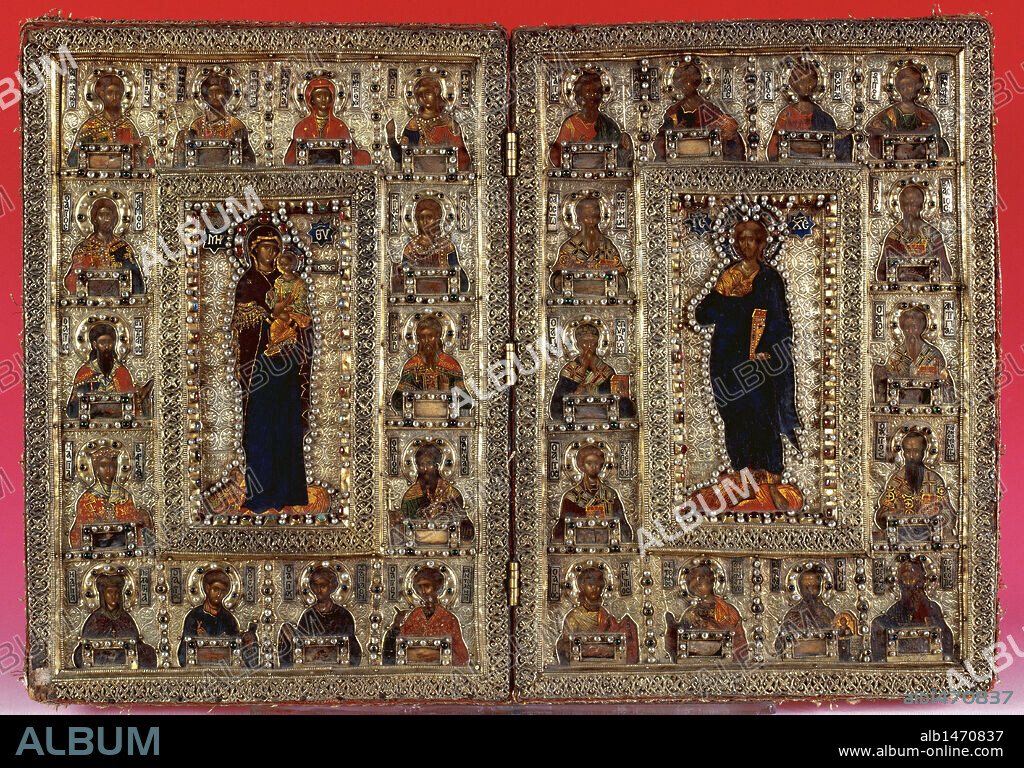 ARTE BIZANTINO. ESPAÑA. S. XIV. "RELICARIO DE LOS SANTOS DESPOTAS". Fechado hacia el año 1370. Se trata de una obra en encaústica y plata repujada, de la escuela del Monte Athos. Museo Diocesano de Cuenca. Castilla-La Mancha.