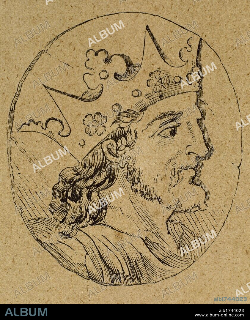 VERMUDO II (antes de 956-999). Rey de Galicia y León (984-999). La anarquia del reino leonés y las repetidas derrotas frente a los musulmanes de Ramiro III fueron aprovechadas por la nobleza gallega rebelde para coronar rey a su primo, Vermudo II. Grabado.