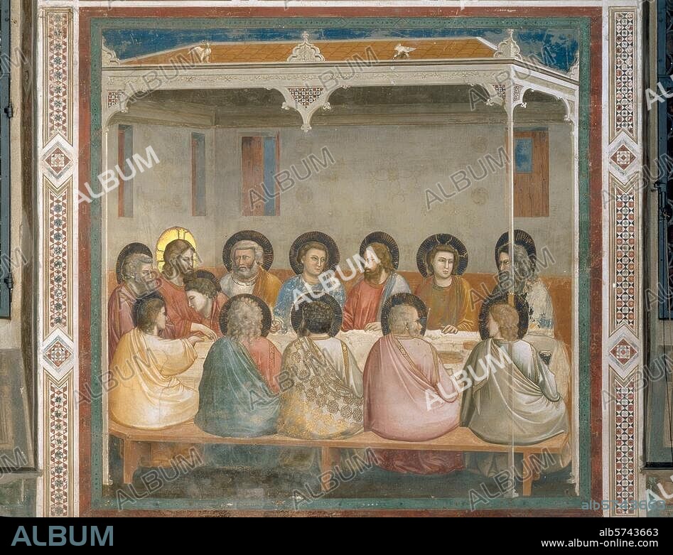 Giotto di Bondone; c. 1266-1337; and studio. "The Last Supper", c. 1303/05. Fresco, approx. 185 × 200cm. From the series with scenes from the life of Mary and Christ. Padua, Cappella degli Scrovegni, right wall, bottom row, 1st picture.