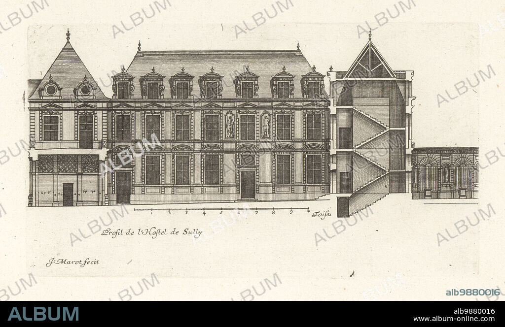 Profile of the Hotel de Sully, Marais, Paris, a Louis XIII-style grand house or hotel particulier at 62 rue de Saint-Antoine, built in the 17th century by the architect Jean Androuet de Cerceau for financier Mesme Gallet. Profil de l'Hotel de Sully. Copperplate engraving drawn and engraved by Jean Marot from his Recueil des Plans, Profils et Elevations de Plusieurs Palais, Chasteaux, Eglises, Sepultures, Grotes et Hotels,Collection of Plans, Profiles and Elevations of Palaces, Castles, Churches, Tombs, Grottos and Hotels, chez Mariette, Paris, 1655.