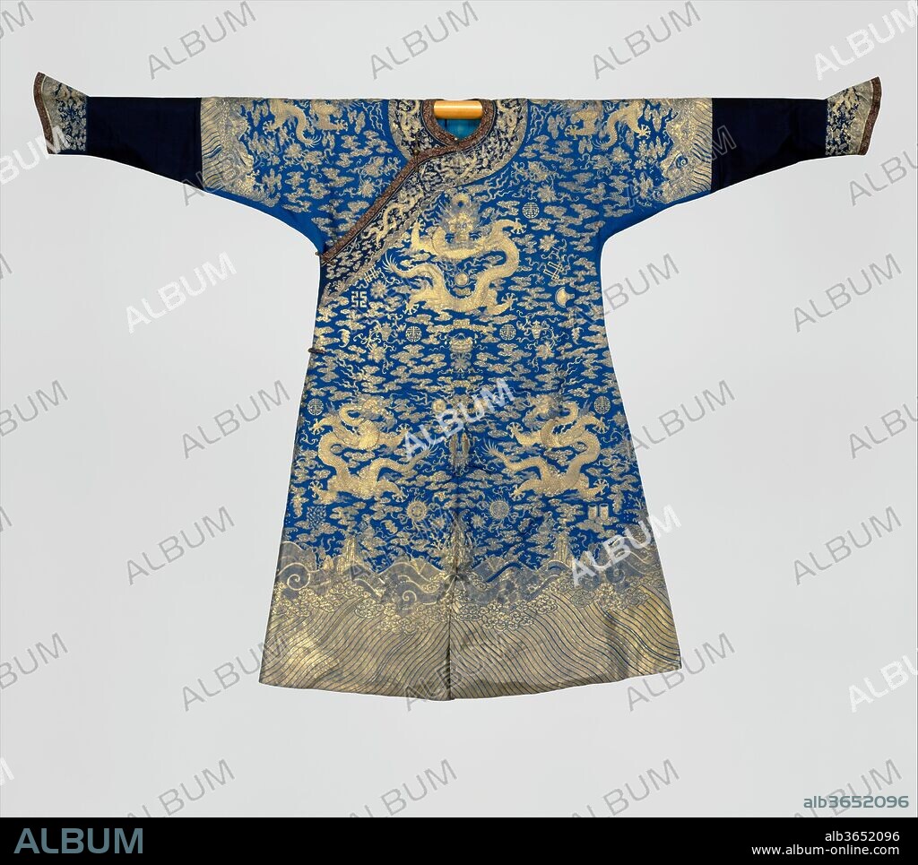 Emperor's twelve-symbol festival robe. Culture: China. Dimensions: Overall: 56 5/8 x 63 1/2 in. (143.8 x 161.3 cm).
Official costumes in imperial China were highly regulated, and the decorative motifs of court outfits were specific to rank. Among the emblems used on the emperor's ceremonial robes were the twelve imperial symbols, as seen on this example: the sun, the moon, constellations, mountains, a pair of dragons, birds, ritual cups, water weeds, millet, fire, an ax, and the symmetrical fu symbol. These symbols, said to have been used since ancient times, represent the emperor's righteous rule over the universe. The festival robe, also known as a dragon robe, was used for various ceremonies, such as festival banquets and military inspections.