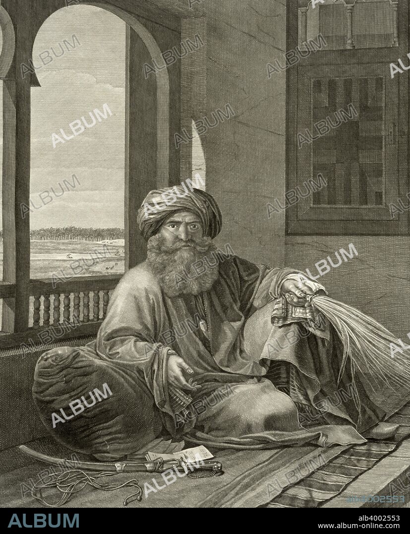 Murad Bey, 18th century (1822). Of Georgian descent, Murad Bey (1750-1801) was a Mamluk chieftain and joint ruler of Egypt with Ibrahim Bey. From Volume II, Costumes and Portraits of Description of Egypt, published under the orders of Napoleon.
