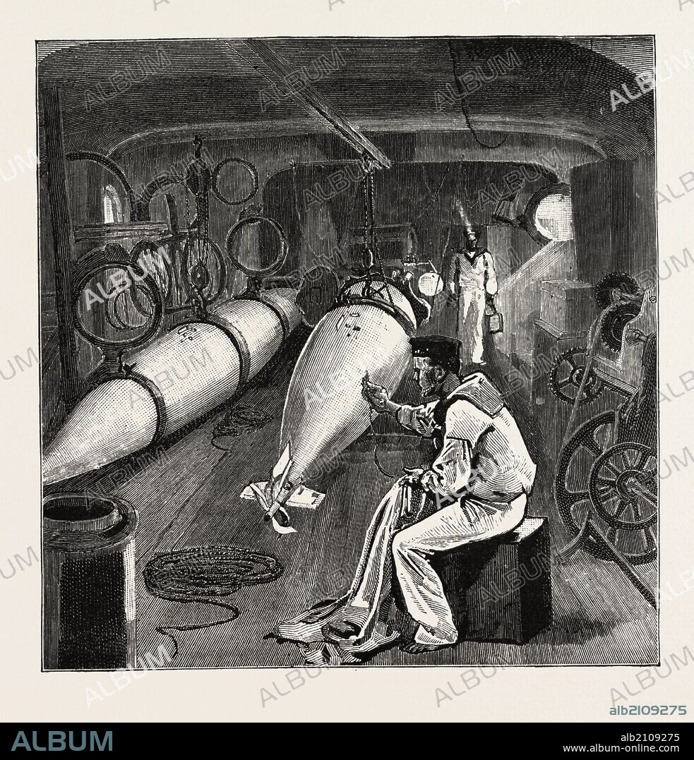 TORPEDO GUN BOAT, DYNAMO ROOM IN THE FORE PART OF THE VESSEL, 1888 engraving.