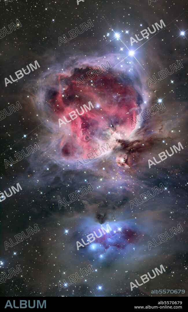 The Orion Nebula (also known as Messier 42, M42, or NGC 1976) is a diffuse nebula situated south of Orion's Belt. It is one of the brightest nebulae, visible to the naked eye in the night sky, and is about 24 light years across.