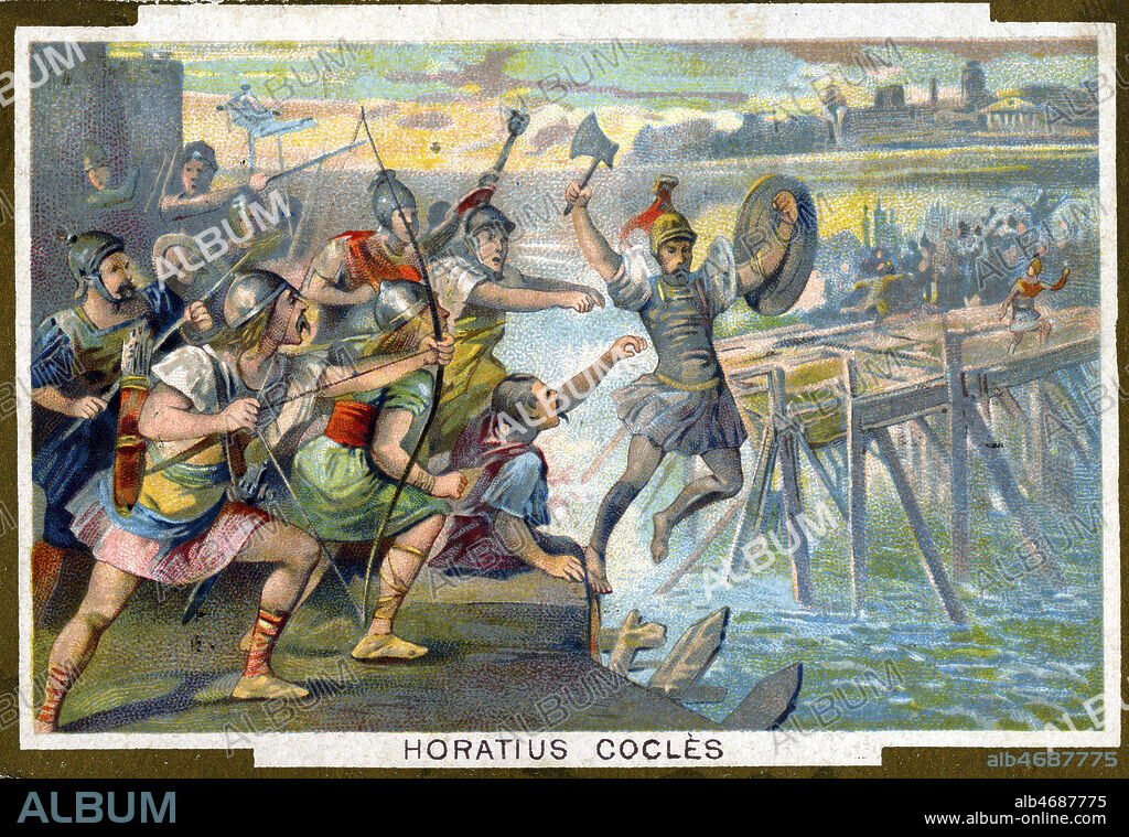 'Horatius Cocles', heros de la mythologie romaine, vers 507 av. JC. Chromo publicitaire vers 1890, illustration anonyme. Credit : Collection KHARBINE-TAPABOR.