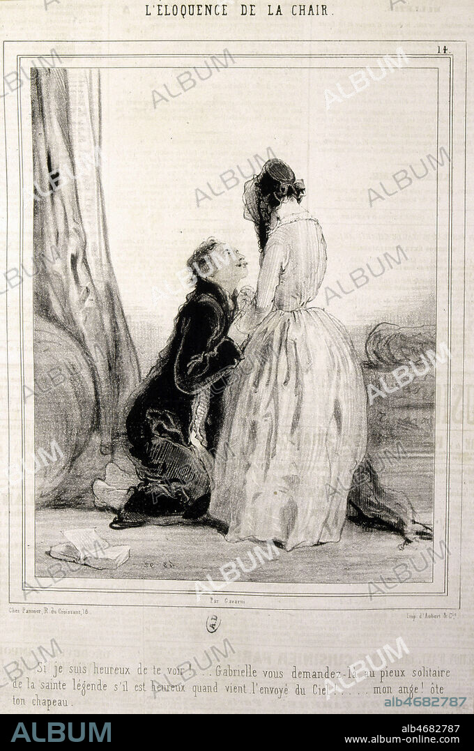 'L'eloquence de la chair' : homme a genoux devant une femme. Illustration par GAVARNI (1804-1866) vers 1850 (19e, 19eme, XIXe s.). Credit : JEAN VIGNE / KHARBINE-TAPABOR.