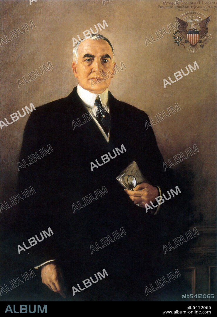 Warren Gamaliel Harding (November 2, 1865 - August 2, 1923) was the 29th President of the US (1921-23) with the largest popular vote in presidential history. He signed the first federal child welfare program, and dealt with striking mining and railroad workers in part by supporting an 8-hour work day. He advocated an anti-lynching bill to curb violence against African Americans, but it failed to pass Congress. In August 1923, Harding suddenly collapsed and died at the age of 57. In recent years Harding has been viewed as a more modern politician who embraced technology and was sensitive to the plights of minorities, women, and labor. Oil on canvas, Margaret Lindsay Williams.