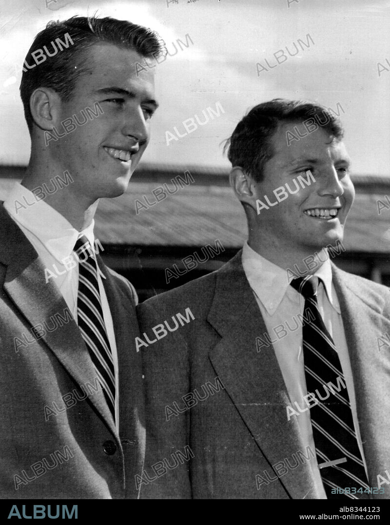 US Davis Cup squad members Bob Perry and Ham Richardson, both are 20, photographed on arrival in Sydney today by PAA Stratoclipper. They hurried to the ANA terminal in time to see the Sky master on which they were booked to Melbourne, taxi away. They have to catch a later plane. Perry and Richardson, who will play in the Victorian championships, said the Davis Cup would be "a very close battle". November 25, 1953.