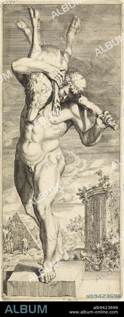 Statue of a naked Hercules, carrying over his shoulder a boar and his club. In the background a ruin of a round temple and a pyramid., Hercules with the boar of Erymanthus, print maker: Hendrik Pola, The Hague, c. 1705 - c. 1713, paper, etching, engraving, h 291 mm × w 118 mm.