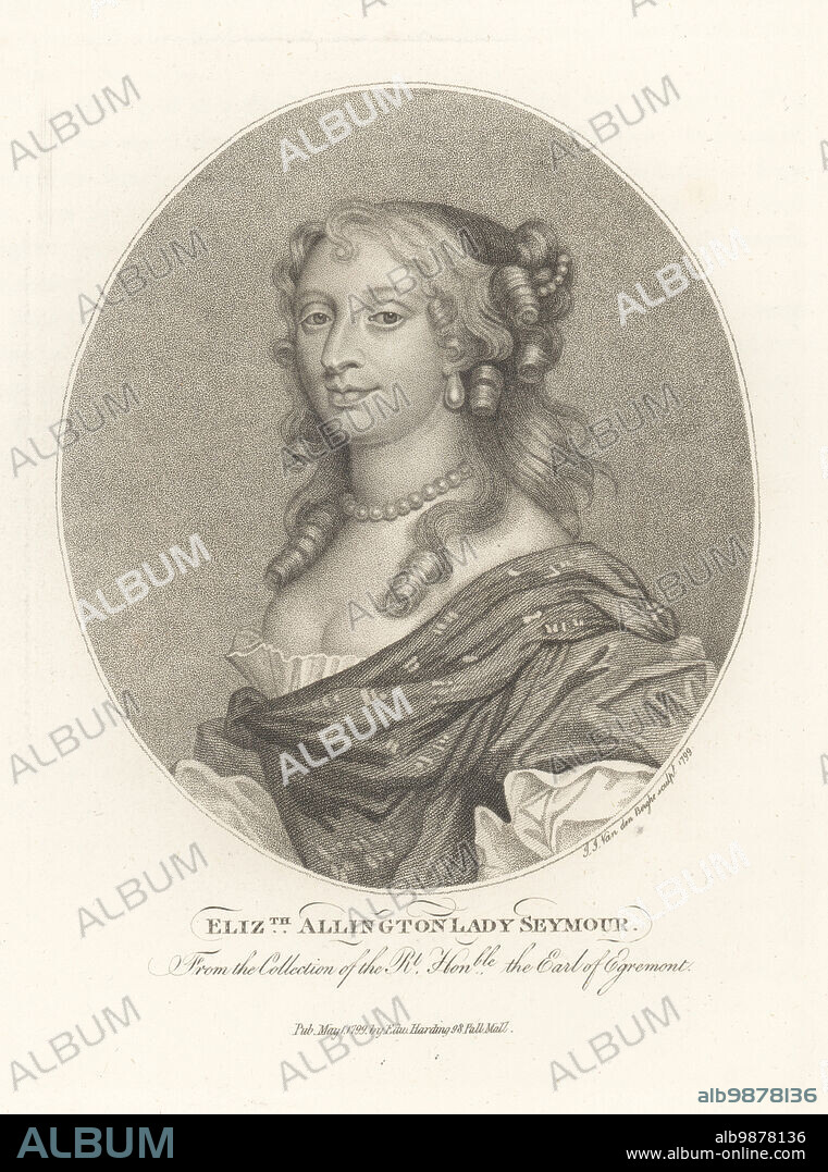 Elizabeth Allington, Lady Seymour, c.1632-1691. Married Charles Seymour, 2nd Baron Seymour of Trowbridge, in 1654. Hair in ringlets with pearls, pearl choker, low-cut gown. One of the Petworth Beauties in Petworth House, West Sussex. Copperplate engraving by Ignatius Joseph van den Berghe after Sir Peter Lely from John Adolphus The British Cabinet, containing Portraits of Illustrious Personages, printed by T. Bensley for E. Harding, 98 Pall Mall, London, 1800.