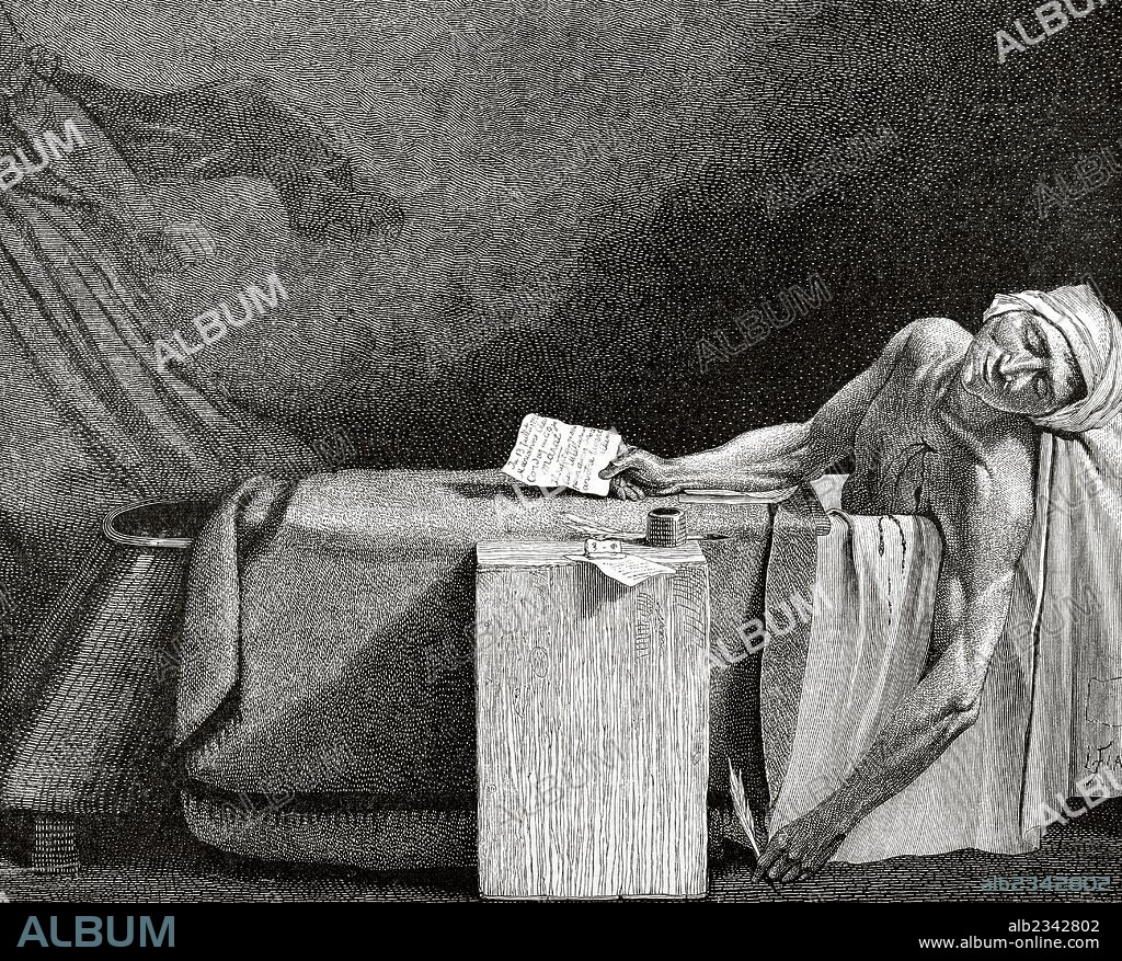 LÉOPOLD FLAMENG. MARAT, Jean-Paul (Boudry, 1743-París, 1793). Político y médico francés. Gran enemigo de las instituciones inmovilistas y las facciones conservadoras. Junto a Danton y Robespierre mantuvo una inexorable lucha contra los girondinos. "LA MUERTE DE MARAT" (13 de julio de 1793). Grabado por L. Flame. "Historia de Francia", 1883.