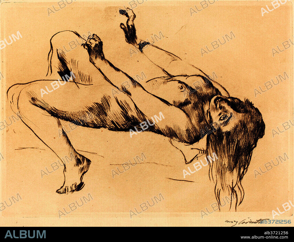LOVIS CORINTH. Reclining Female Nude - Study for "Joseph and Potiphar's Wife" (Liegender Weiblicher Akt. Studie zu Joseph und Potiphar). Dated: 1915. Dimensions: plate: 19.8 x 26.9 cm (7 13/16 x 10 9/16 in.)  sheet: 32.2 x 44.5 cm (12 11/16 x 17 1/2 in.). Medium: drypoint in brown-black on laid paper.