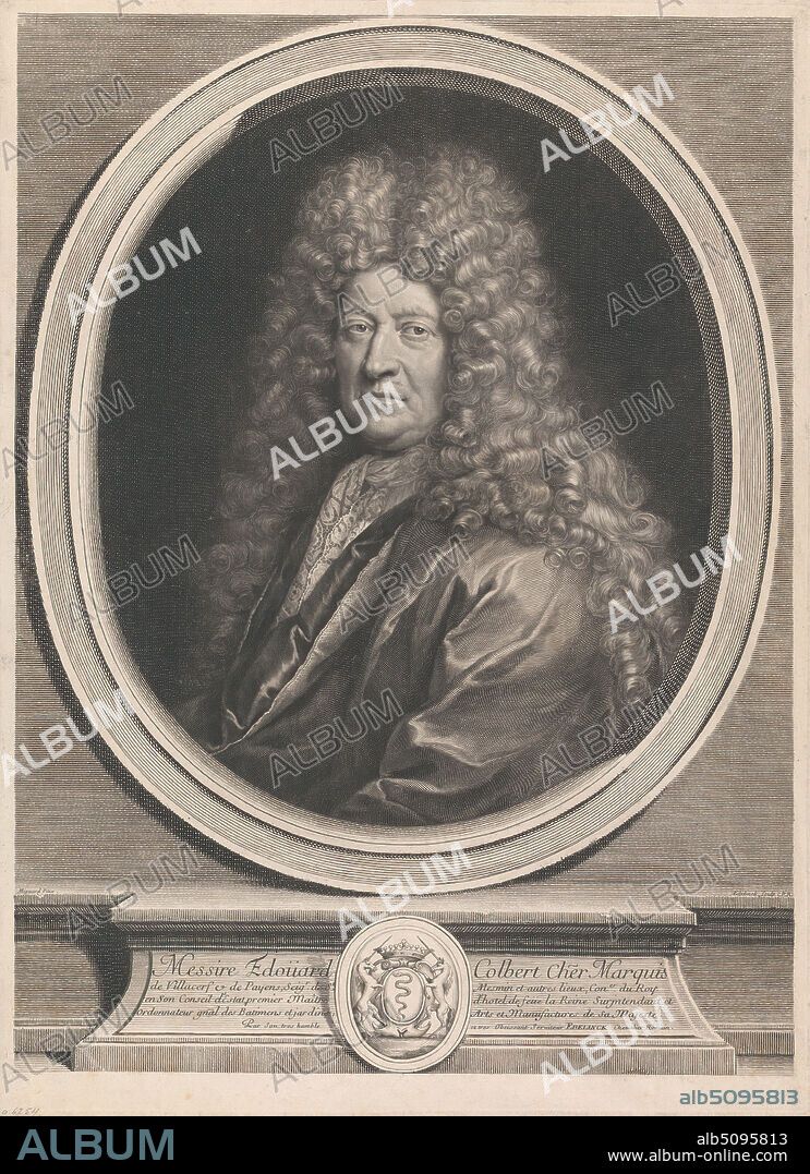 Édouard Colbert, Marquis de Villacerf, Gerard Edelinck, 16401707, Flemish, after Pierre Mignard, 16121695, French, 1696, Line engraving and etching on moderately thick, moderately textured, cream laid paper, Sheet: 19 5/8 x 14 3/16 inches (49.8 x 36.1 cm), Plate: 19 7/16 x 14 inches (49.3 x 35.6 cm), and Image: 18 1/2 x 13 11/16 inches (47 x 34.7 cm), Bâtiments du Roi, coat, coat of arms, crest, crown (symbol of sovereignty), curls, heraldic motif, lace, man, nobility, oval, pedestal, plinth, portrait, robe, wig.