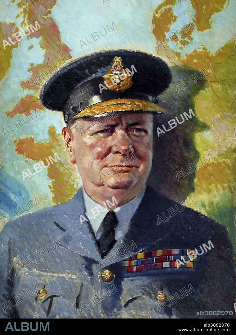 Vintage World War II painting of Winston Churchill wearing his RAF uniform.