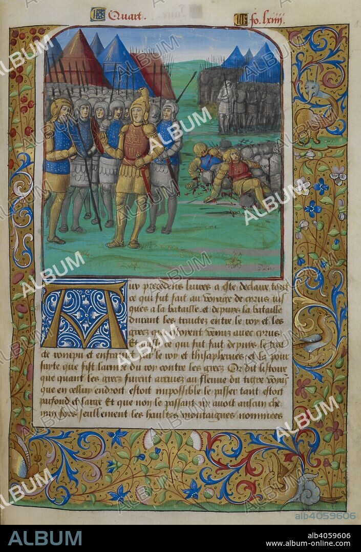 XENOPHON and SEYSSEL, CLAUDE DE,. The Greek army with Xenophon wearing a Greek helmet, beside a pile of dead bodies. Soldiers and tents in the background. Book IV, beginning with decorated initial 'A'. Borders of foliate decoration. Anabasis. France; 1508-1509. Source: Royal 19 C. VI, f.83. Language: French.