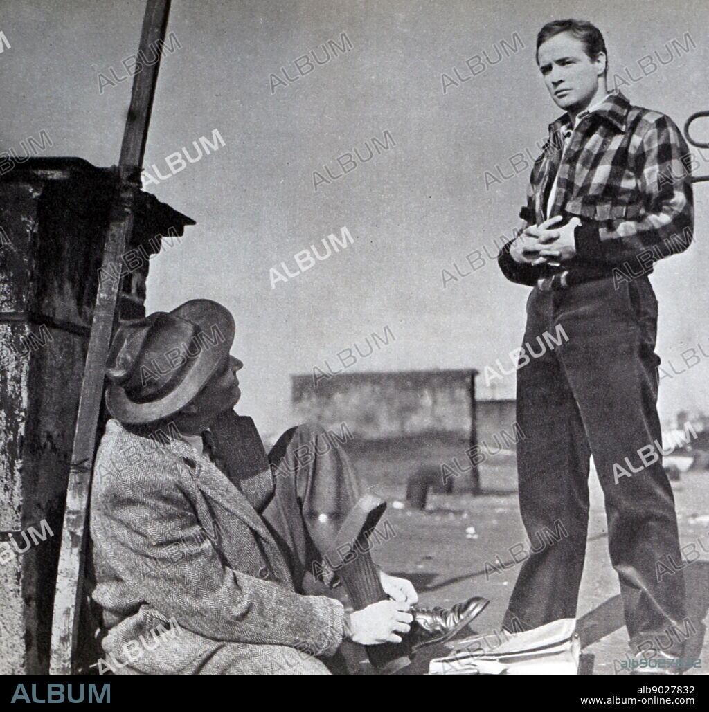 Film still from 'On the Waterfront' starring Marlon Brando, Eva Marie Saint, Karl Malden, and Rod Steiger.