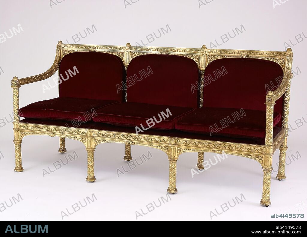 AUGUSTUS WELBY NORTHMORE PUGIN. Sofa. Designed by James Wyatt; English, 1746-1813; Made by John Russell; active 1773-1822; England. Date: 1807. Dimensions: 99.4 x 191.1 x 69.9 cm (39 1/8 x 78 x 27 1/2 in.). Gilded beechwood, gilt bronze, and velvet. Origin: London.