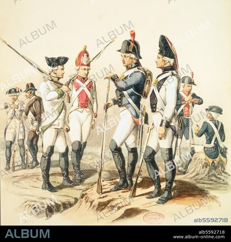 Military / Spain. Period of Charles IV. of Spain 1788-1808. Line infantry according to the rules in force 1790 to 1805. Chalk lithograph, coloured, by Manuel Gimenez Gonzales. Madrid, Real Academia de la Historia.