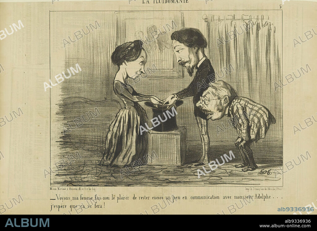 Voyons, ma Femme, Fais-moi le Plaisir de Rester Encore un Peu en Communication avec Monsieur Adolphe..., Honoré Daumier, French, 1808-1879, Lithograph on newsprint, France, June 1, 1853, Sheet: 9 13/16 x 14 1/4 in., 24.9 x 36.2 cm, 19th-century, adolphe, caricature, etching, french, honore daumier, lithograph.
