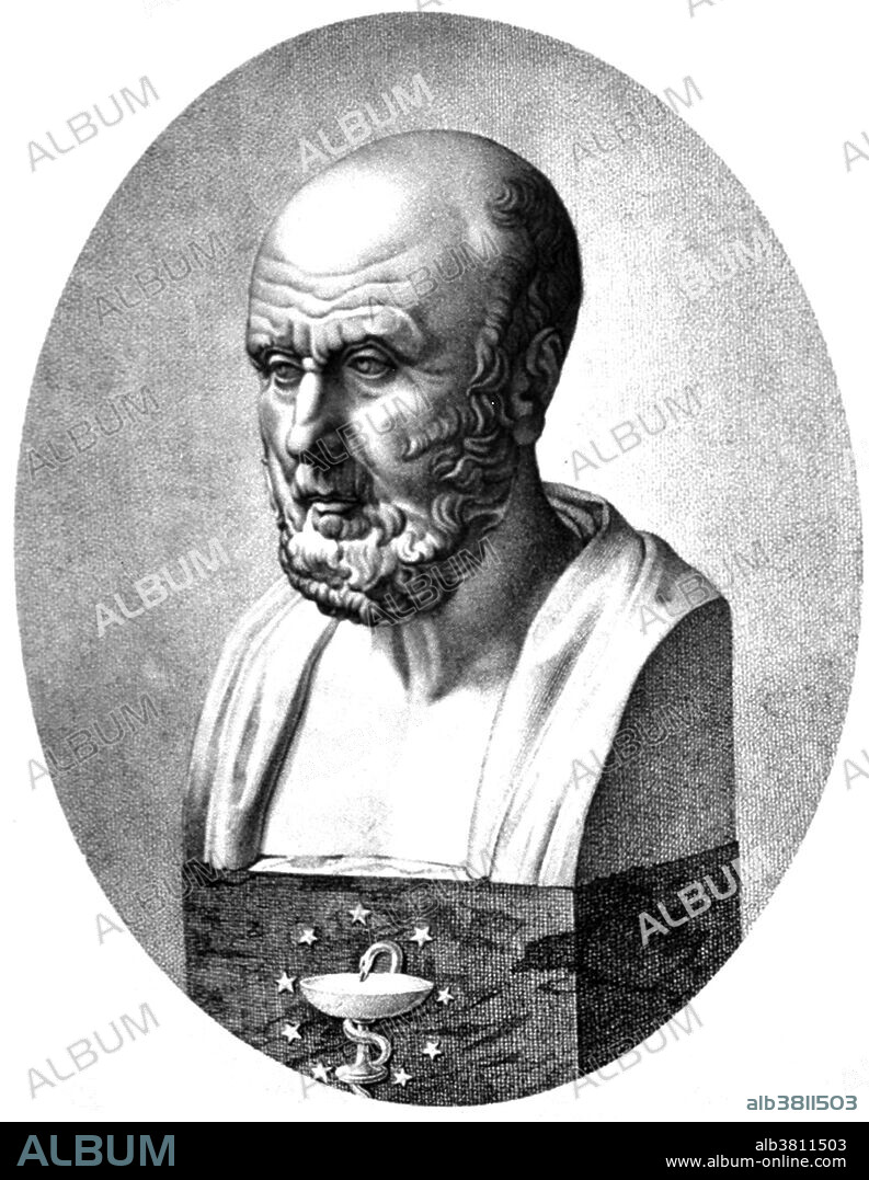 Marble bust of Hippocrates on pedestal with serpent. Hippocrates (460-370 BC), a Greek physician who is generally considered to be the father of medicine, although little is actually known about him. His influence survives in the Hippocratic oath, a code of medical ethics some medical students take on completion of their training. He founded a medical school on the Aegean island of Cos, where his ideas on medical conduct and practice were implemented. He advocated a rational approach to medicine, believing that disease was caused by physical phenomenon and not by the interference of the gods. Plant extracts, including willow bark and spiraea, of which salicylic acid was the active ingredient, had been known to help alleviate headaches, pains, and fevers since antiquity. Hippocrates left historical records describing the use of powder made from the bark and leaves of the willow tree to help these symptoms.
