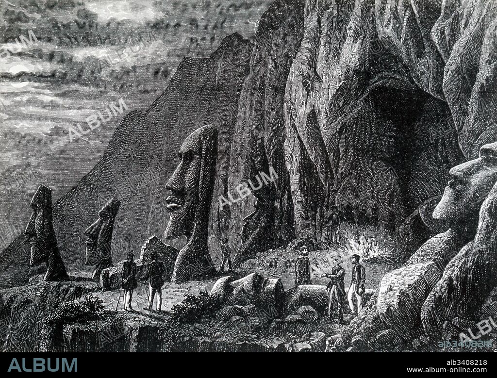 Engraving depicting the Moai, the monolithic human figures carved by the Rapa Nui people on Easter Island. Dated 19th Century.