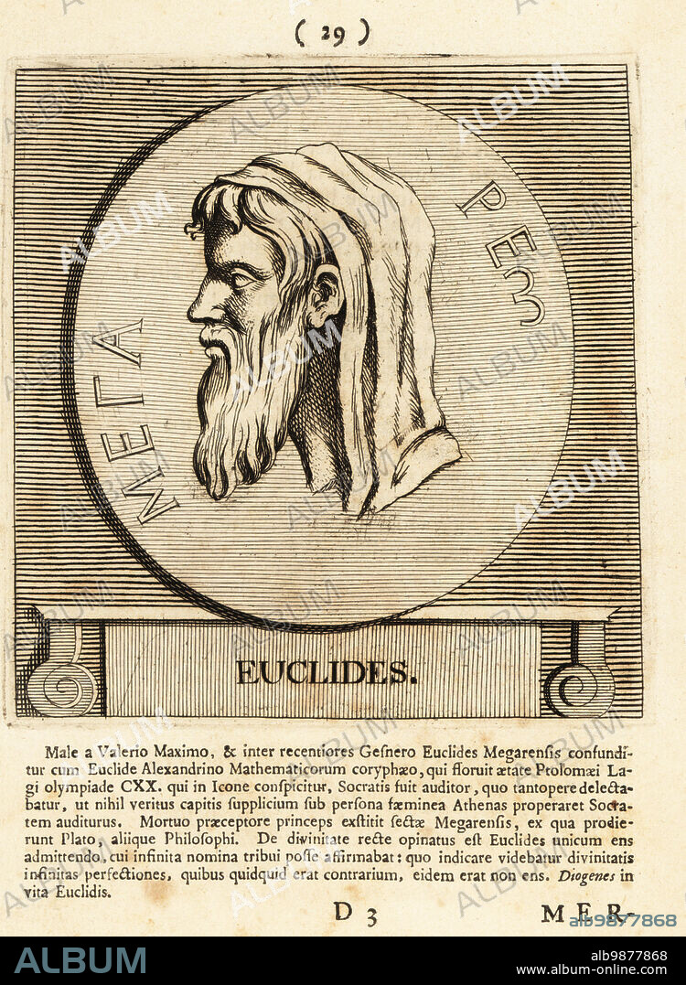 Euclid of Megara, c. 435 c. 365 BC, Greek Socratic philosopher who founded the Megarian school of philosophy. Euclides. Copperplate engraving by Pieter Bodart (1676-1712) from Henricus Spoors Deorum et Heroum, Virorum et Mulierum Illustrium Imagines Antiquae Illustatae, Gods and Heroes, Men and Women, Illustrated with Antique Images, Petrum, Amsterdam, 1715. First published as Favissæ utriusque antiquitatis tam Romanæ quam Græcæ in 1707. Henricus Spoor was a Dutch physician, classical scholar, poet and writer, fl. 1694-1716.