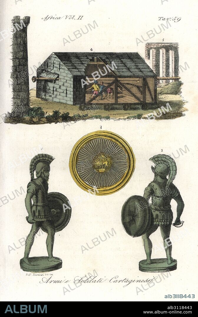Soldiers and weapons of Carthage. Carthaginian soldiers in breastplate and helmet 1,2, Hannibal's shield 3, and war machine 4, a battering ram within a portable hut covered in cowhide. Handcoloured copperplate engraving by Andrea Bernieri from Giulio Ferrario's Ancient and Modern Costumes of all the Peoples of the World, Florence, Italy, 1843.