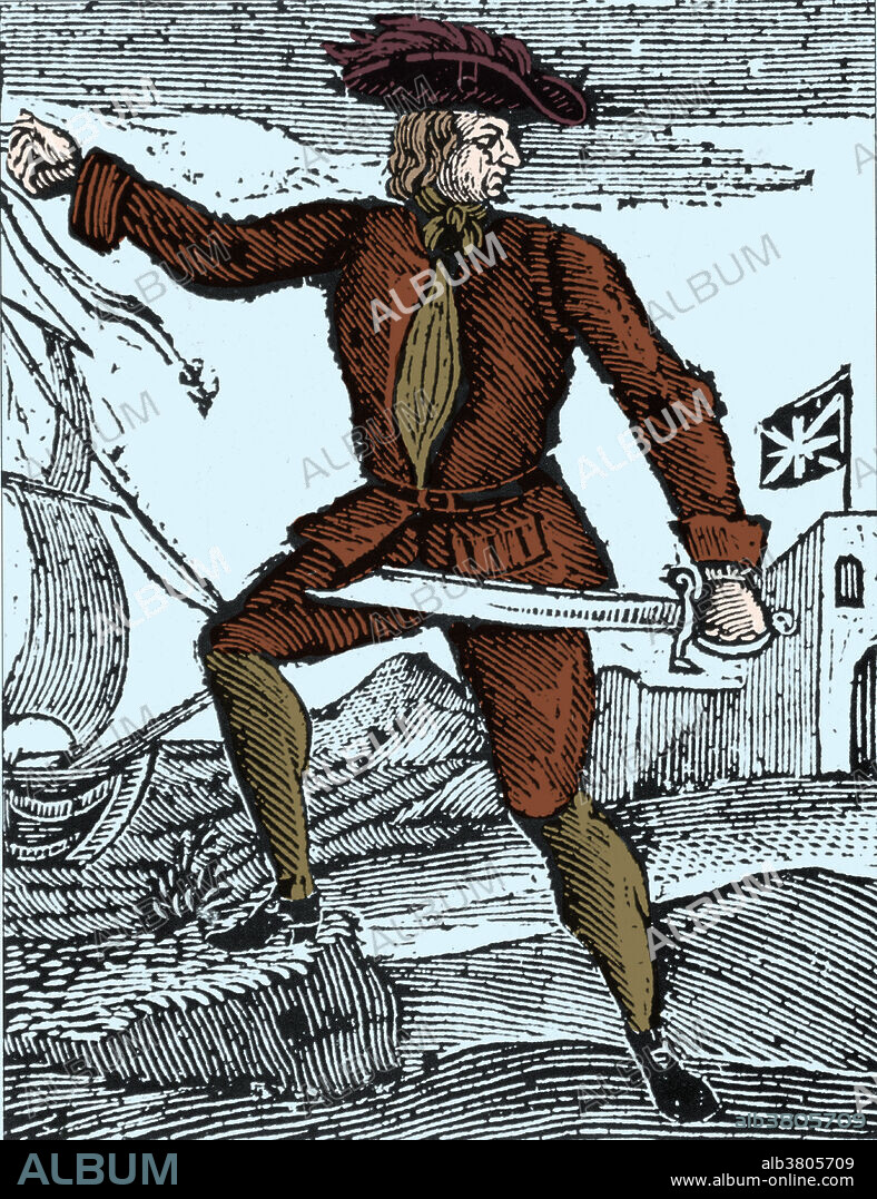 Colorized artwork of Howell Davis (1690 - June 19, 1719), a Welsh pirate. His pirate career lasted only 11 months. In July 1718 the slave ship Cadogan, on which he was serving as a mate, was captured by the pirate Edward England and he was asked to join. He crossed the Atlantic to terrorize shipping in the Cape Verde Islands and the Gold Coast. After trying to deceive and capture the governor of the Portuguese island of Principe, his ship was ambushed and Davis was shot dead on June 19, 1719. His ships were the Cadogan, Buck, Saint James, and Rover. Davis captured 15 known English and French ships.