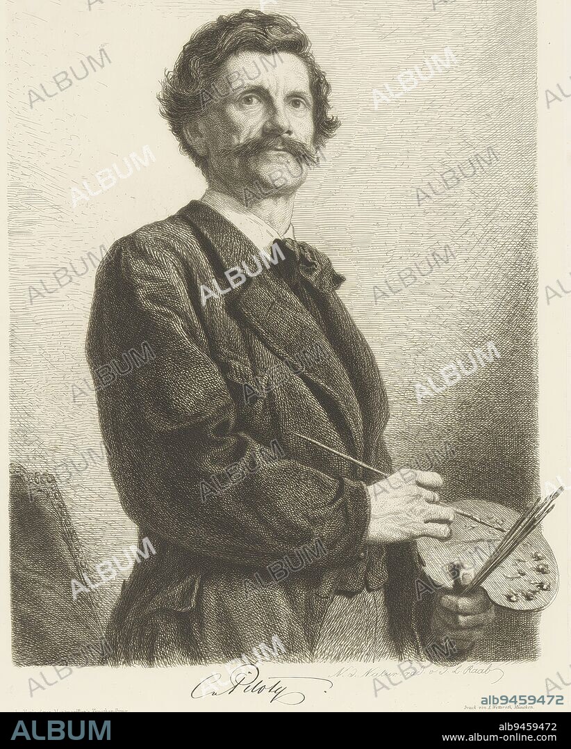 Portrait of Karl Theodor Piloty, Johann Leonhard Raab, 1846 - 1899, print maker: Johann Leonhard Raab, (mentioned on object), Johann Leonhard Raab, (mentioned on object), printer: A. Wetteroth, (mentioned on object), München, 1846 - 1899, paper, etching, h 324 mm - w 250 mm.