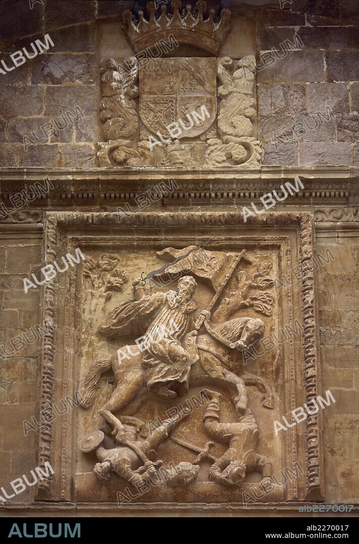 MILLAN, San (La Rioja,?-?,574). Religioso y eremita hispanorromano. Párroco de Vergegio, se retiró al monte. En su honor se levantó el Monasterio de Suso. Representación escultórica de"SAN MILLAN MONTADO A CABALLO MATANDO MOROS"que corona la puerta barroca (siglo XVII) de la fachada principal del MONASTERIO DE YUSO. SAN MILLAN DE LA COGOLLA. La Rioja.