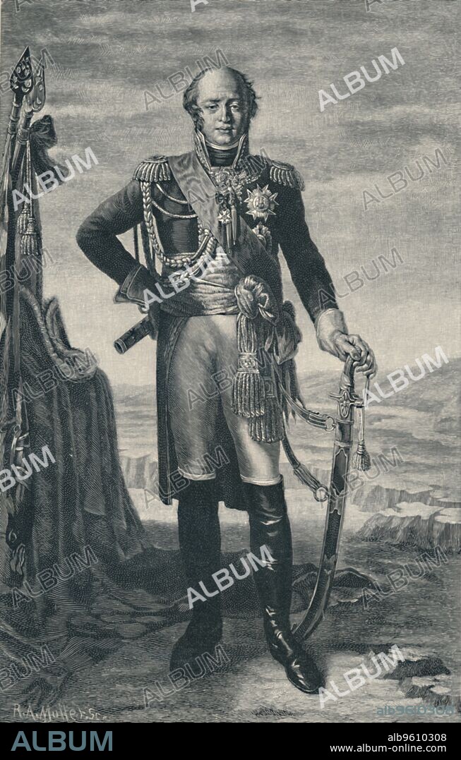 RA MULLER. 'Louis-Nicolas Davout, Duke of Auerstädt, Prince of Eckmühl', c1800, (1896). Louis-Nicolas d'Avout (1770-1823), better known as Davout, 1st Duke of Auerstaedt, 1st Prince of Eckmühl, was a French general who was Marshal of the Empire during the Napoleonic era. Engraving after the portrait by Tito Marzocchi, after Claude Gautherot. From Life of Napoleon Bonaparte, Volume II, by William Milligan Sloane. [The Century Co., Macmillan & Co., Limited, New York & London, 1896].